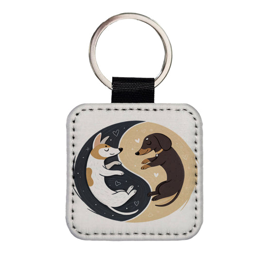 Two Dogs Yin Yang Illustration Square Faux Leather Keychain