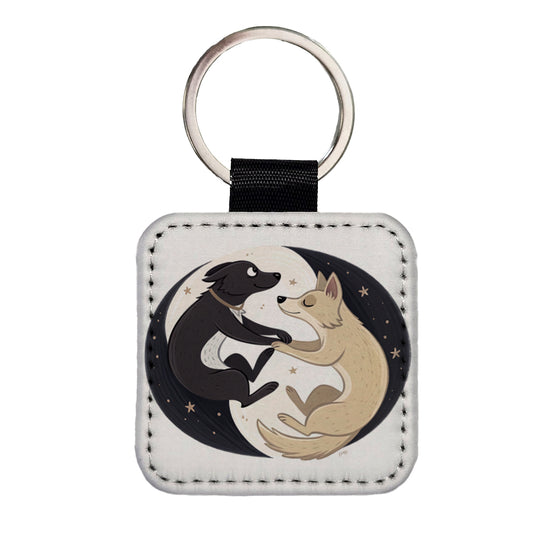 Two Dogs Yin Yang Square Faux Leather Keychain