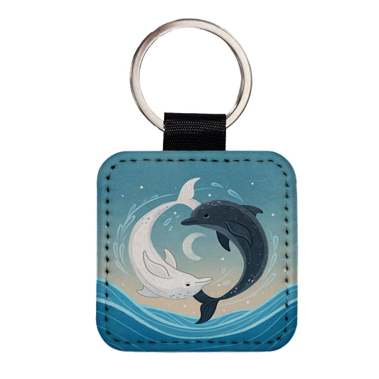 Two Dolphins Yin Yang Dark Light Square Faux Leather Keychain