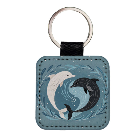 Two Dolphins Yin Yang Square Faux Leather Keychain