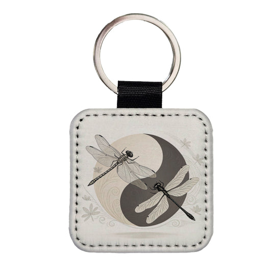 Two Dragonflies Yin Yang Square Faux Leather Keychain