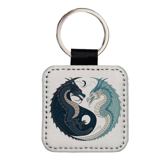 Two Dragons Yin Yang Dark Light Square Faux Leather Keychain