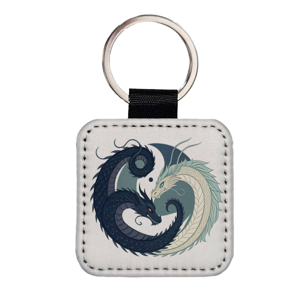Two Dragons Yin Yang Square Faux Leather Keychain