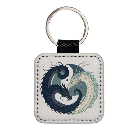 Two Dragons Yin Yang Square Faux Leather Keychain