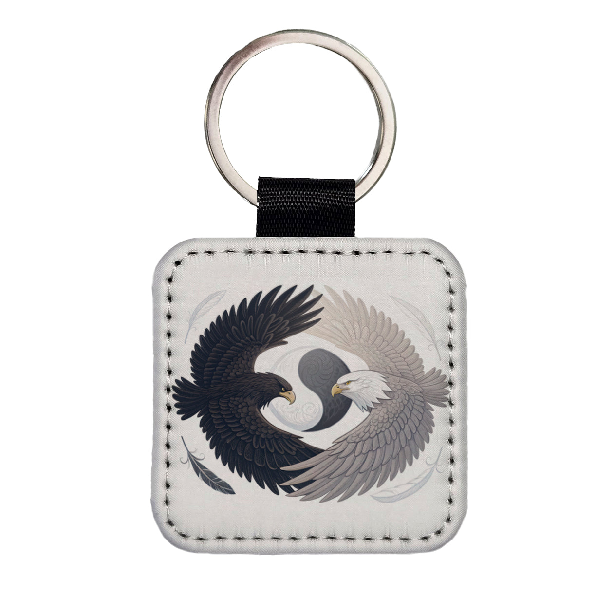 Two Eagles Yin Yang Dark Light Square Faux Leather Keychain