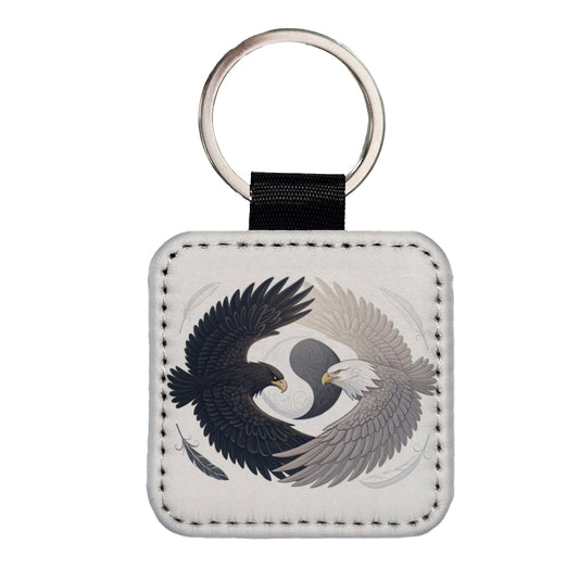 Two Eagles Yin Yang Dark Light Square Faux Leather Keychain