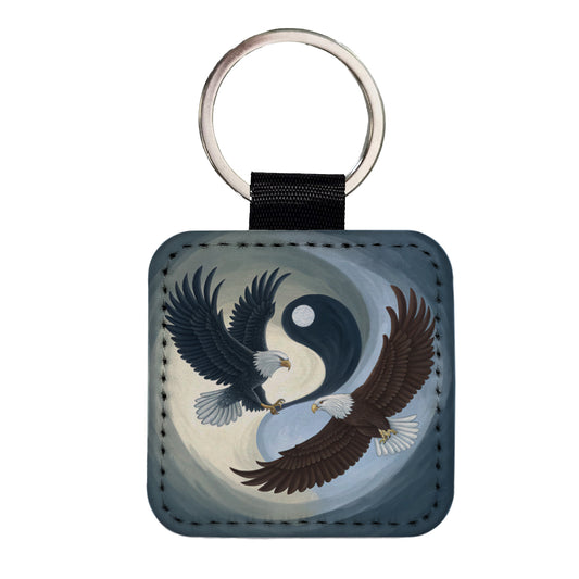 Two Eagles Yin Yang Square Faux Leather Keychain