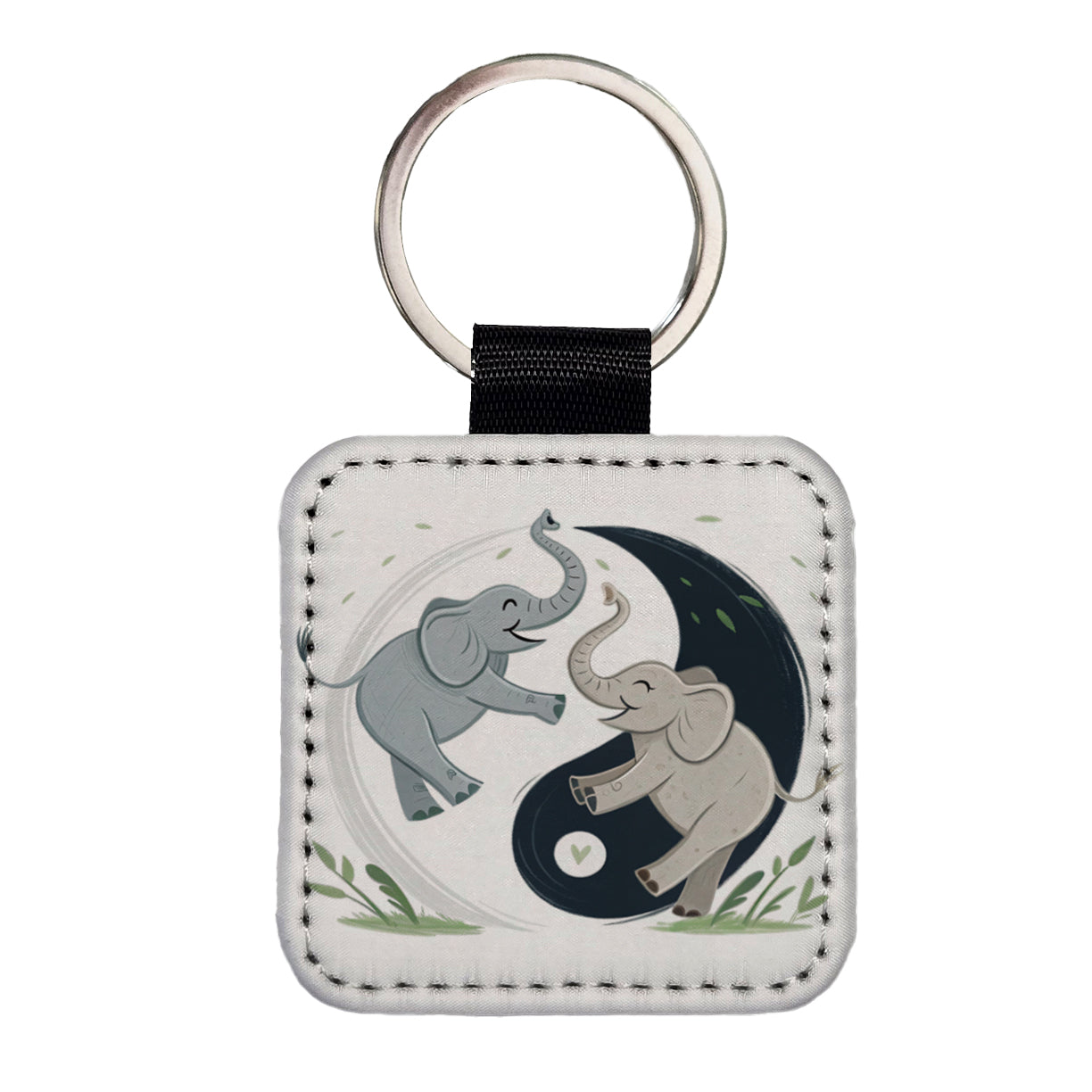 Two Elephants Yin Yang Cute Square Faux Leather Keychain