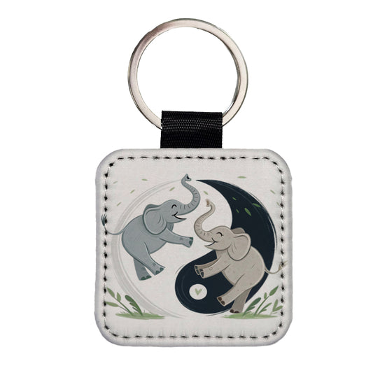 Two Elephants Yin Yang Cute Square Faux Leather Keychain