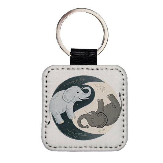 Two Elephants Yin Yang Square Faux Leather Keychain