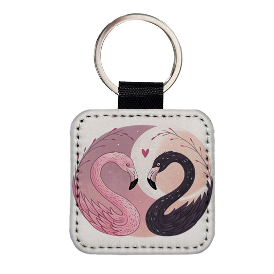 Two Flamingos Yin Yang Pink Black Square Faux Leather Keychain