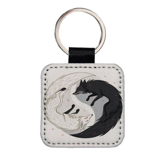 Two Foxes Yin Yang Black White Square Faux Leather Keychain