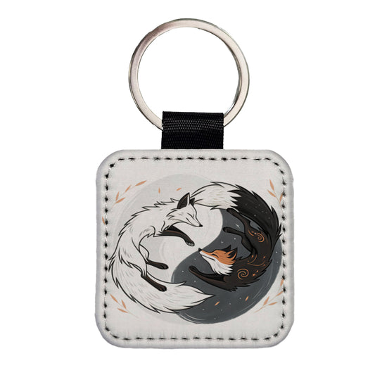 Two Foxes Yin Yang Square Faux Leather Keychain