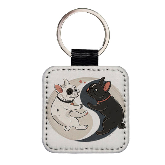Two French Bulldogs Yin Yang Dark Light Square Faux Leather Keychain