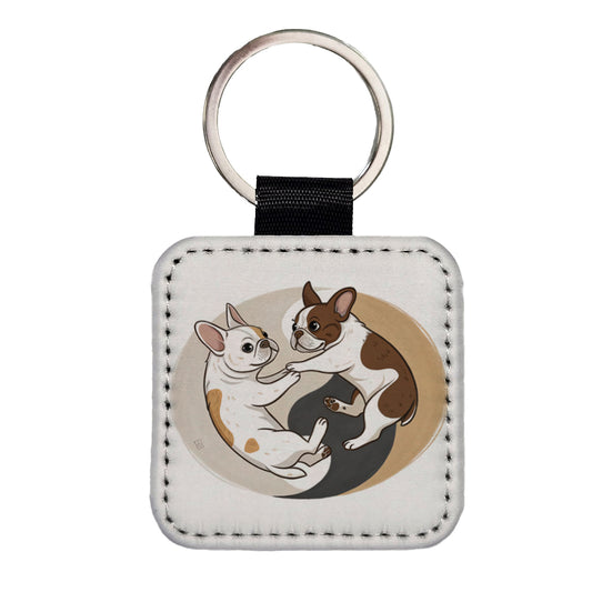Two French Bulldogs Yin Yang Square Faux Leather Keychain