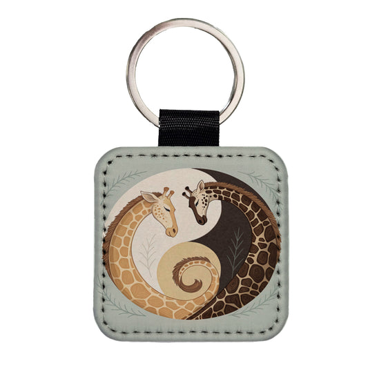 Two Giraffes Yin Yang Square Faux Leather Keychain