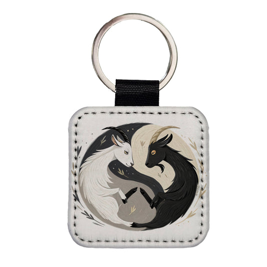 Two Goats Yin Yang White Black Square Faux Leather Keychain