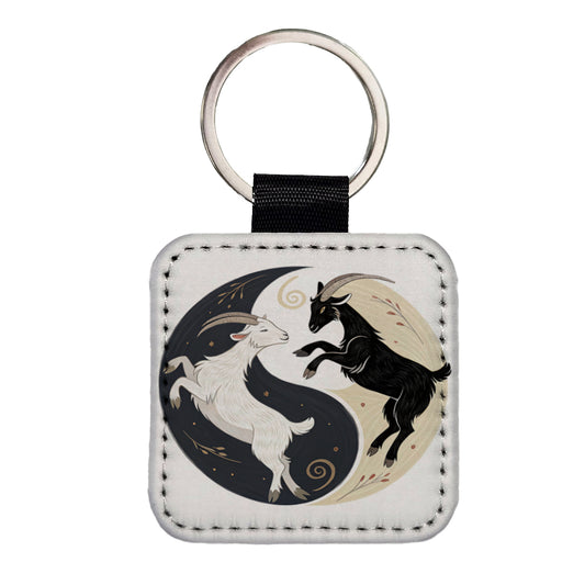 Two Goats Yin Yang Square Faux Leather Keychain