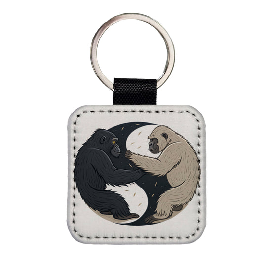 Two Gorillas Yin Yang Square Faux Leather Keychain
