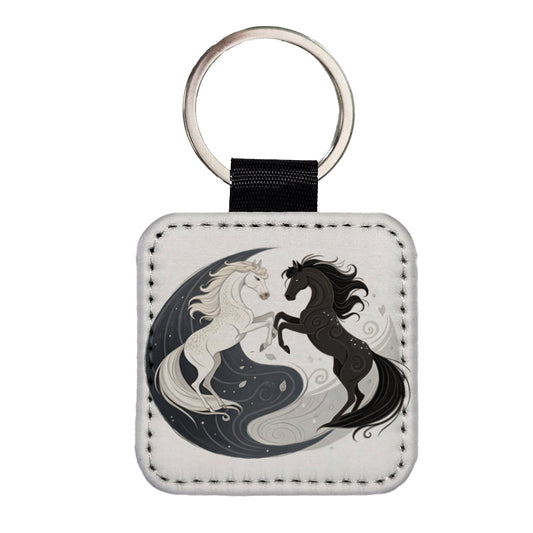 Two Horses Yin Yang Dark Light Square Faux Leather Keychain