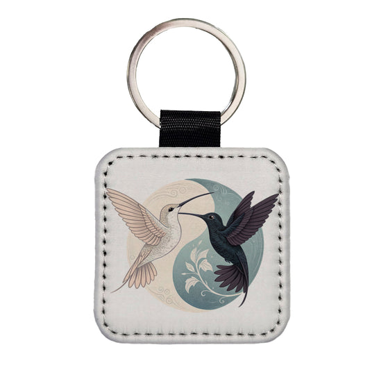 Two Hummingbirds Yin Yang Square Faux Leather Keychain