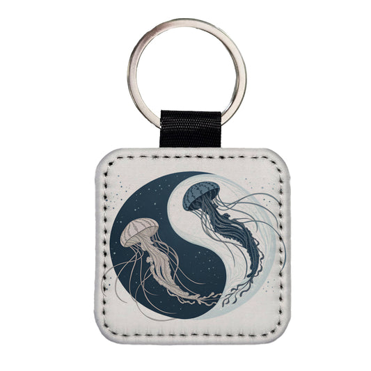 Two Jellyfish Yin Yang Square Faux Leather Keychain