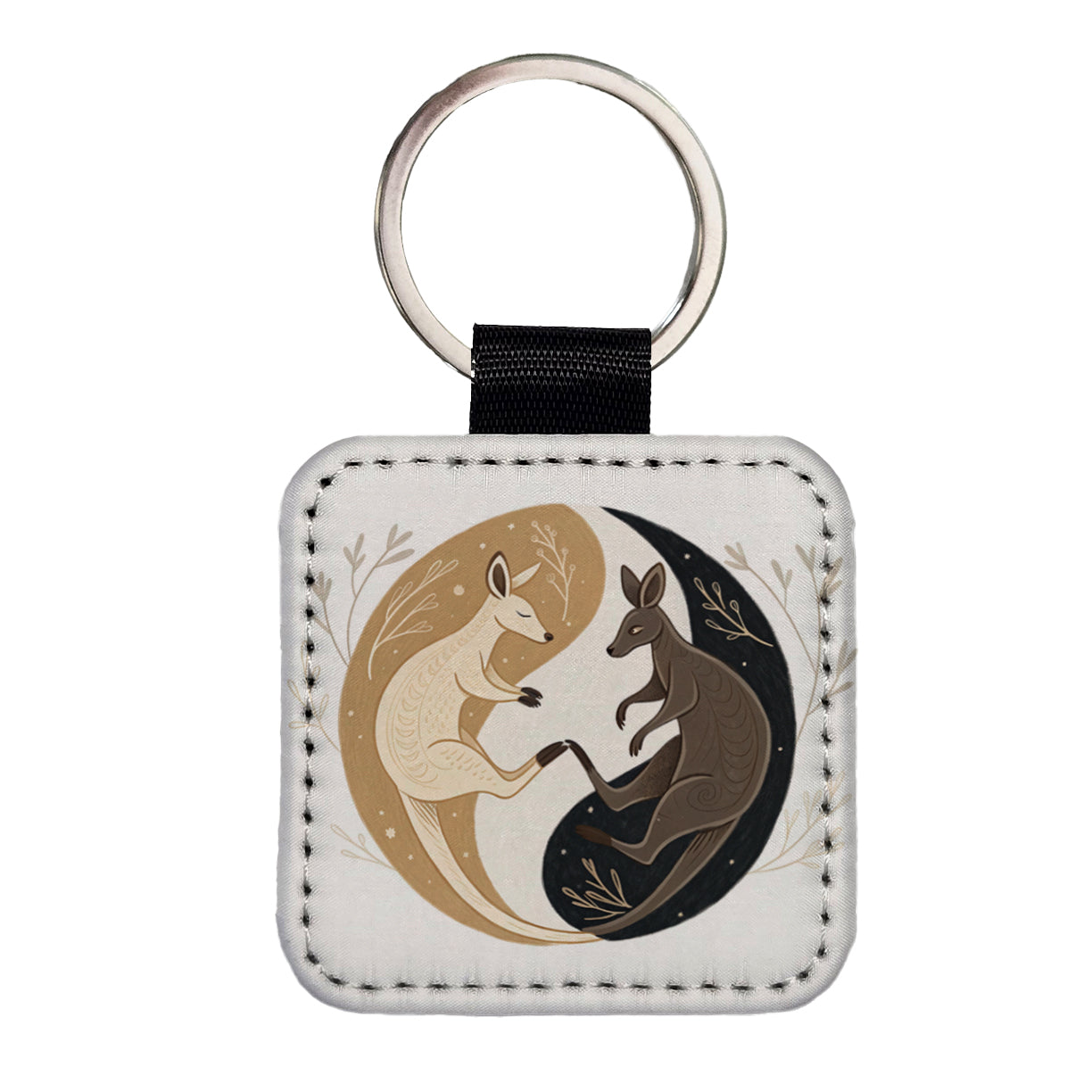 Two Kangaroos Yin Yang Dark Light Square Faux Leather Keychain