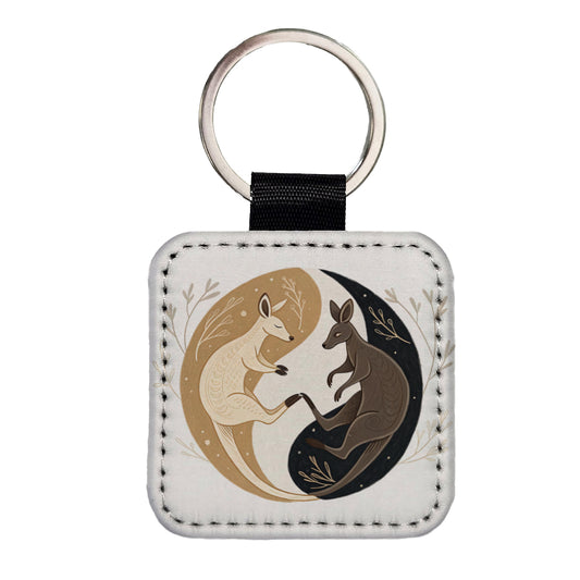 Two Kangaroos Yin Yang Dark Light Square Faux Leather Keychain