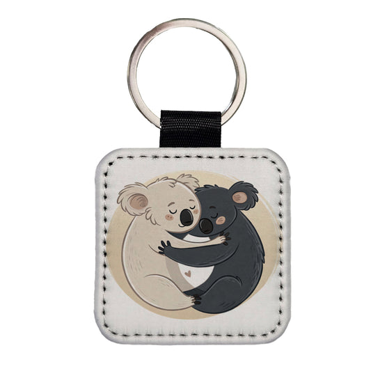 Two Koalas Yin Yang Dark Light Square Faux Leather Keychain