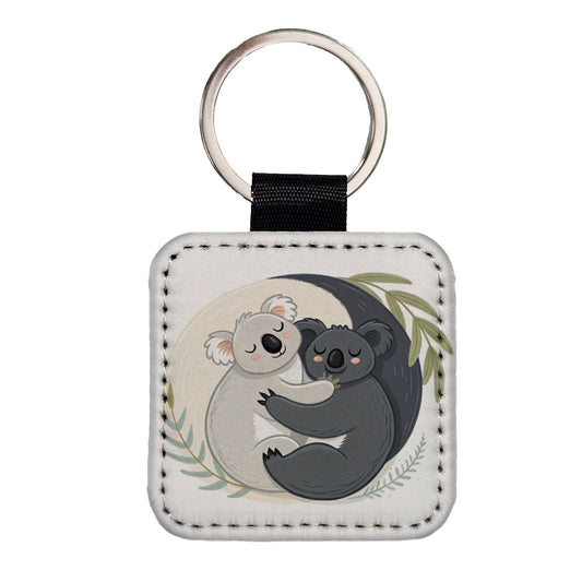 Two Koalas Yin Yang Square Faux Leather Keychain
