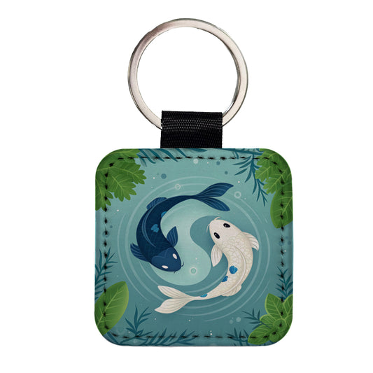 Two Koi Yin Yang Cute Square Faux Leather Keychain