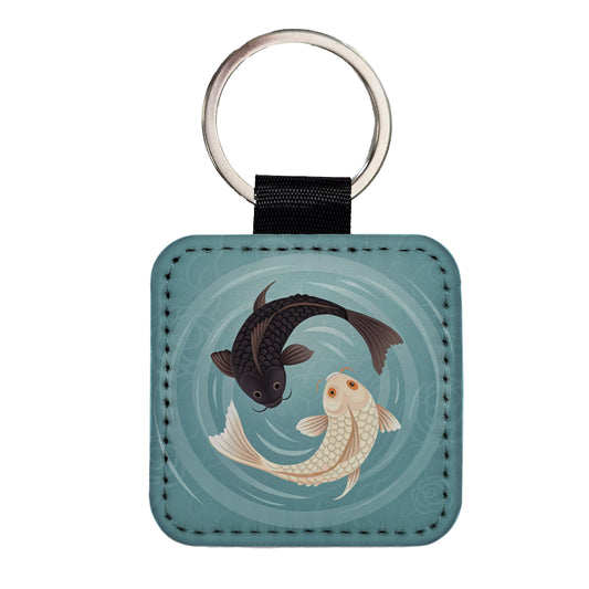 Two Koi Yin Yang Square Faux Leather Keychain
