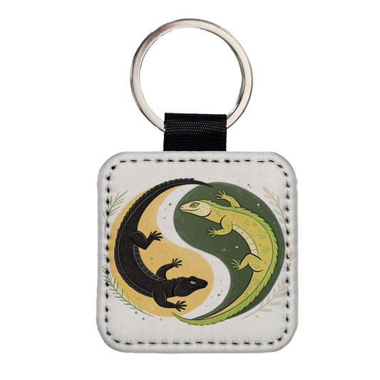 Two Komodo Dragons Yin Yang Square Faux Leather Keychain