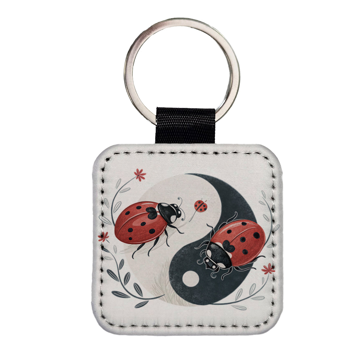 Two Ladybugs Yin Yang Cute Square Faux Leather Keychain
