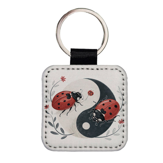 Two Ladybugs Yin Yang Cute Square Faux Leather Keychain