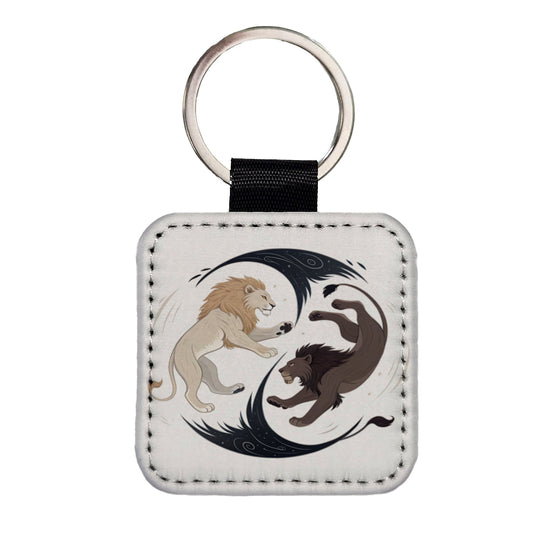 Two Lions Yin Yang Dark Light Square Faux Leather Keychain