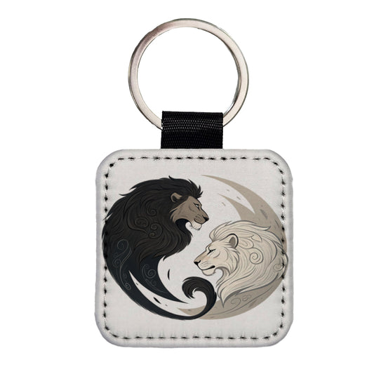 Two Lions Yin Yang Square Faux Leather Keychain