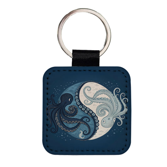 Two Octopus Yin Yang Blues Square Faux Leather Keychain
