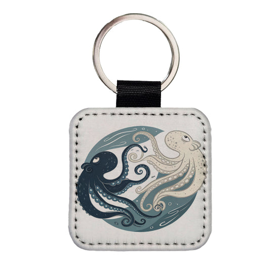 Two Octopus Yin Yang Square Faux Leather Keychain