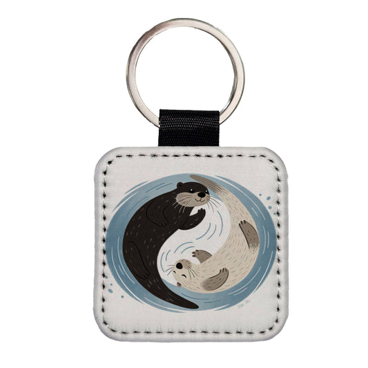 Two Otters Yin Yang Cute Square Faux Leather Keychain
