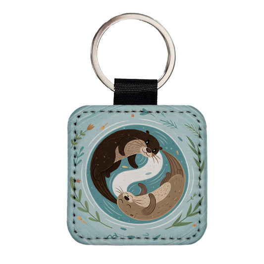 Two Otters Yin Yang Square Faux Leather Keychain