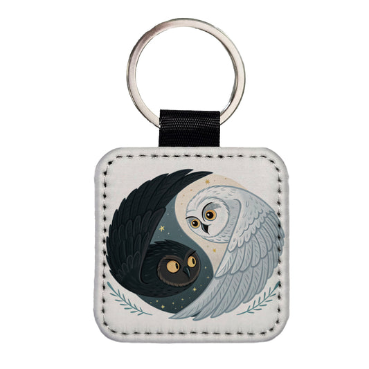 Two Owls Yin Yang Black White Square Faux Leather Keychain