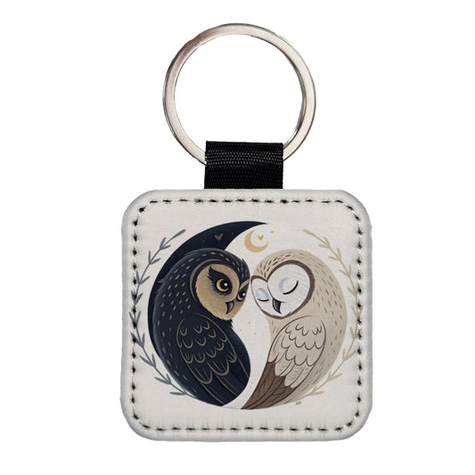 Two Owls Yin Yang Square Faux Leather Keychain