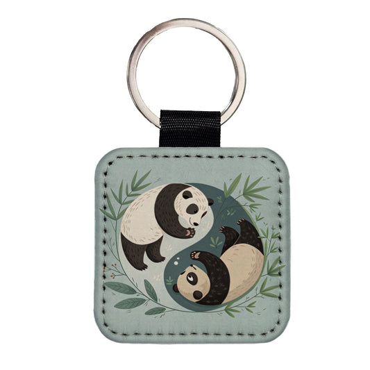 Two Pandas Yin Yang Cute Square Faux Leather Keychain