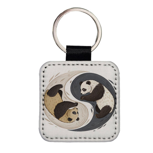 Two Pandas Yin Yang Square Faux Leather Keychain