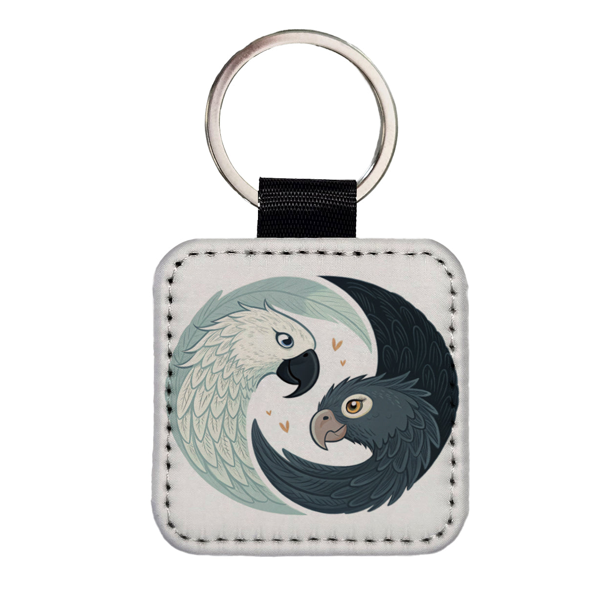 Two Parrots Yin Yang Sweet Square Faux Leather Keychain