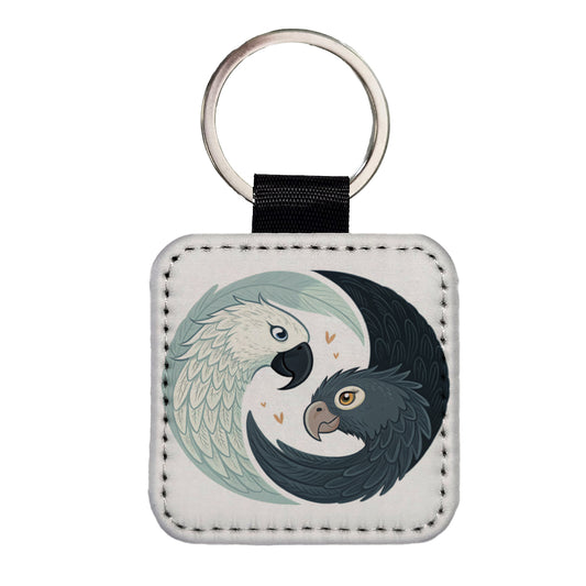 Two Parrots Yin Yang Sweet Square Faux Leather Keychain