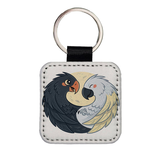 Two Parrots Yin Yang Square Faux Leather Keychain