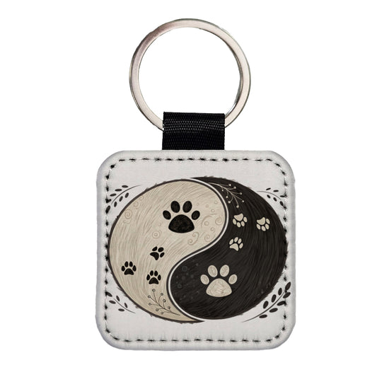 Two Paw Prints Yin Yang Dark Light Square Faux Leather Keychain