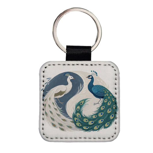 Two Peacocks Yin Yang Square Faux Leather Keychain
